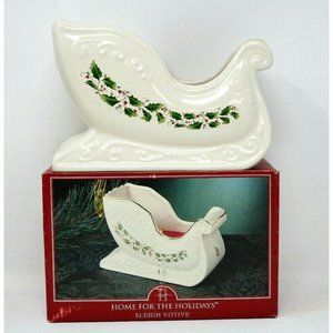 Porcelain Sleigh w/ Holly Print Votive 2 Wick Candle in Box